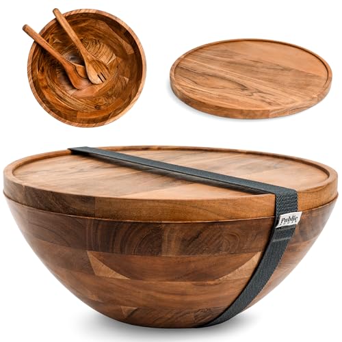 Public House Natural 12.5 Inch Wooden Salad Bowl Set with Utensils, Lid & Carry Strap