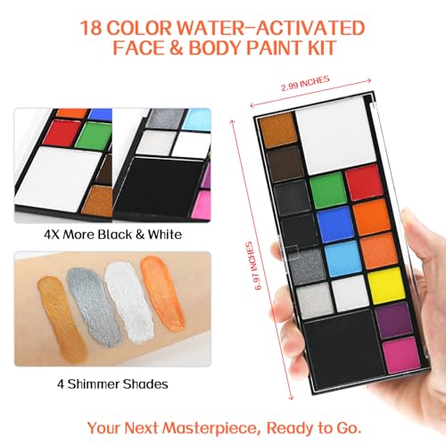 Face Body Paint Kit for Kids Adults-Washable 18 Colors Face Painting Kit with 10 Brushes, Non-Toxic, Skin Safe, Water-Activated Facepaint Palette for Halloween Makeup Cosplay Costume Party