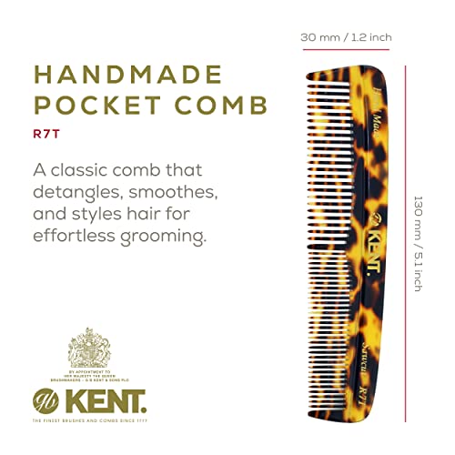 Kent R7T TY Fine and Wide Tooth Hair Comb, Handmade Pocket Comb for Mens Beard and Mustache for Everyday Grooming and Styling, Sawcut Hand polished, Made in England
