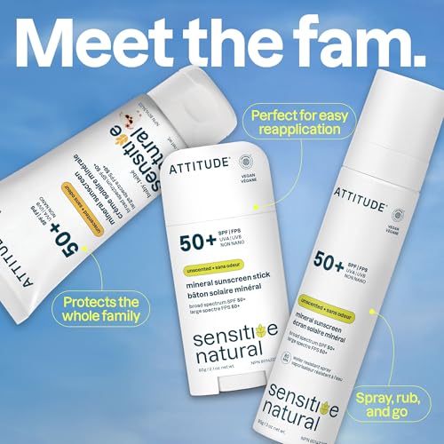 BIO SPECTRA ATTITUDE Mineral Baby Sunscreen SPF 50 Unscented 3 oz - Broad Spectrum Zinc Oxide, Non-Nano, Gentle Sun Protection for Sensitive Skin