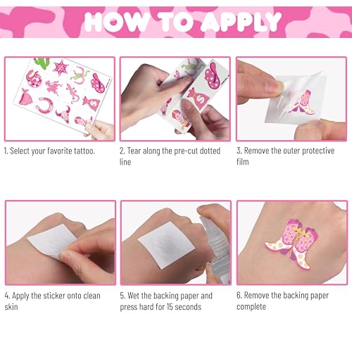96 PCS Disco Western Cowgirl Pre-Cut Temporary Tattoos for Kids | Super Cute Themed Birthday Party Favors, Supplies, Decorations, Pink Fake Tattoo Stickers (multiple)