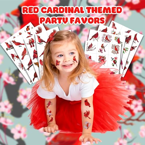 96 PCS Winter Christmas Red Cardinal Bird Pre-cut Temporary Tattoos Stickers Themed Party Supplies Birthday Decorations Favors Cute Fake Tattoo Gifts for Kids Girls Boys Decor School Reward