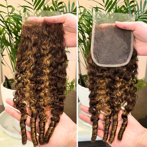 ALHER Honey Blonde Burmese Curly Lace Closure 14 Inch 4x4 Highlighted Human Hair