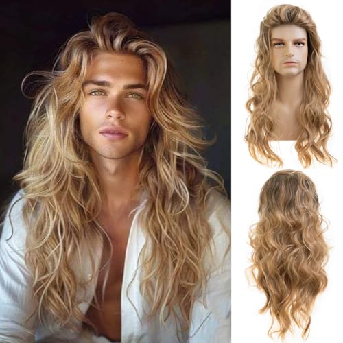 Long Wavy Blonde Wig for Men - Synthetic Cosplay Party Hair Variation Blonde2