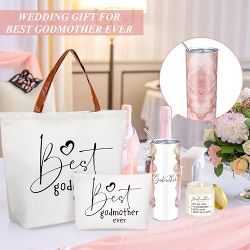 Pink Godmother Proposal Gifts Set with Tumbler, Candle, Canvas Bags — 4 Pack