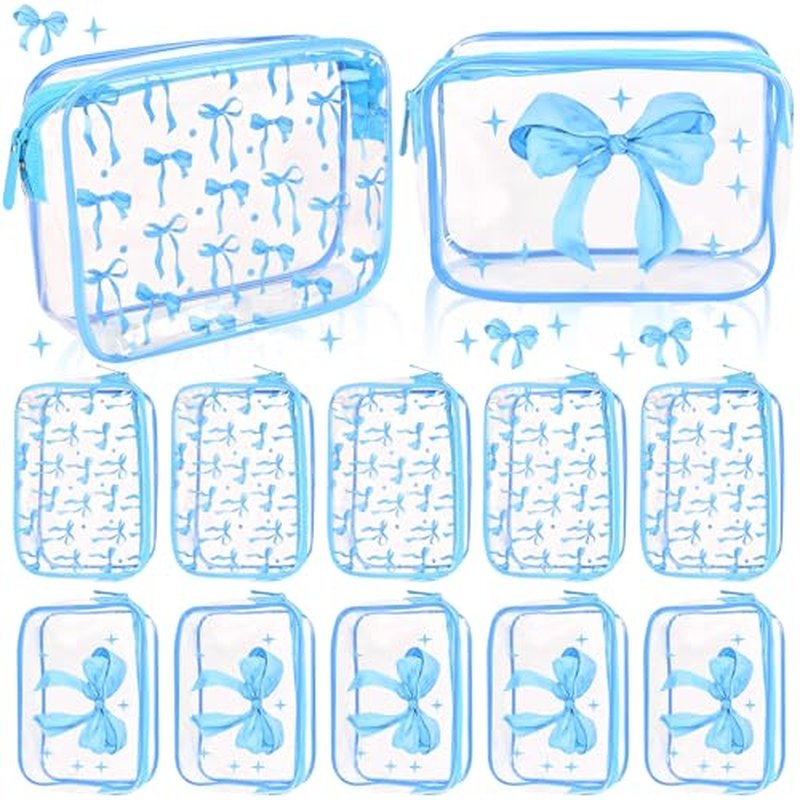 10 Blue Bow Clear Makeup Bags for Girls, TSA Large Capacity Toiletry Bags for Travel Clear PVC Waterproof Pouch with Zipper for Valentine Day Gift, Bridesmaid Wedding Bag, Birthday Party Favor