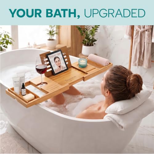 Bamboo Bath Caddy Tray for Tub & Bed with Adjustable Arms, Waterproof, Wine & Soap Holder