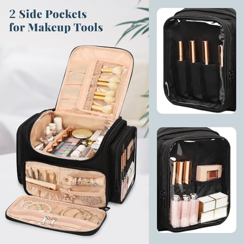Large Makeup Bag with Jewelry Organizer - 01-Black with Jewelry Storage Travel Toiletry Bag