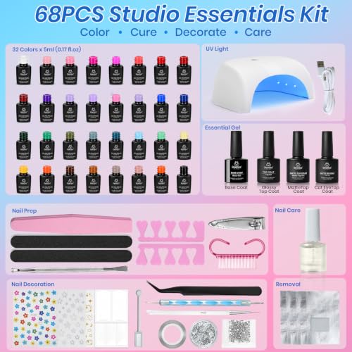 Beetles Gel Nail Polish Kit with UV Light - 32 Color Multicolor Set, 68pcs DIY Manicure