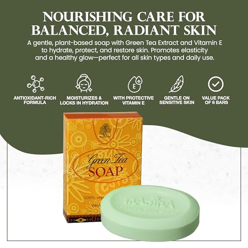 Madina Green Tea & Vitamin E Soap Bar ? Antioxidant, Moisturizing, Hydrating, Skin Rejuvenating, Gentle Daily Cleanser, Vegetable-Based, For All Skin Types, 6 Pack (3.5 oz Each)