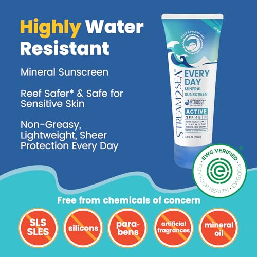 Active Mineral Sunscreen SPF 45 - Reef Safe, Water Resistant, SPF 45, 80 Min - Stream 2 Sea