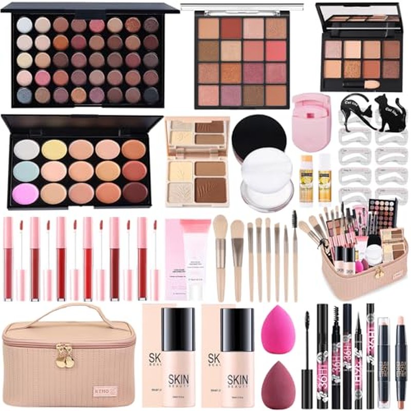 All-in-One Makeup Kit for Women Full Kit, Makeup Gift Set for Women Teens Girls, Makeup Essential Bundle Includes Eyeshadow Foundation Lipsticks Mascara Eyeliner Contour Stick Cosmetic Brush Set