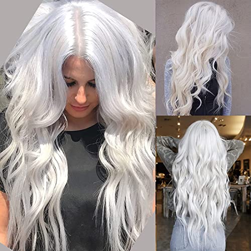 White Long Curly Wavy Costume Wig for Women Girls - Heat Resistant Synthetic, Middle Part, Halloween Cosplay