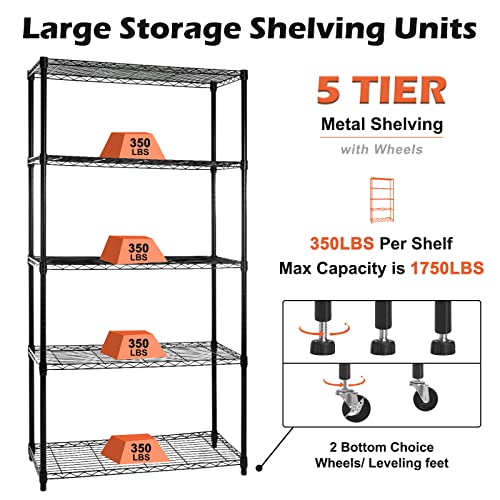 WDT 5-Tier Adjustable Wire Shelving Unit with Wheels - 36"D x 16"W x 75"H Storage Rack