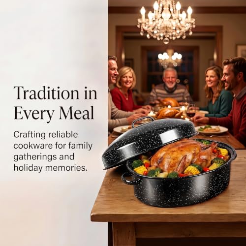 19.5-Inch Black Enamel Roasting Pan with Lid & Rack - Oval Turkey & Holiday Roast