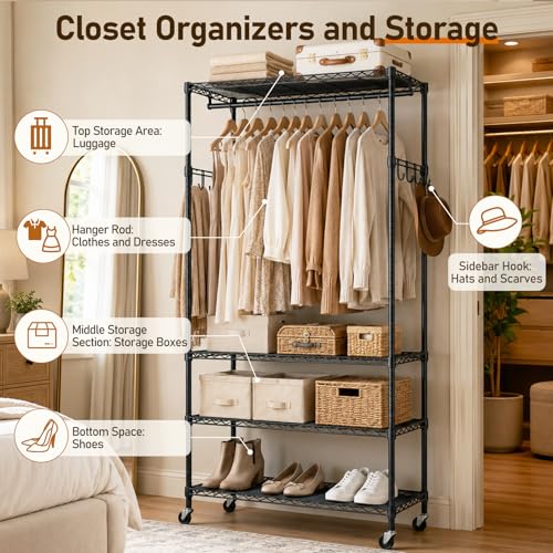 Black Rolling Clothes Rack with 4 Adjustable Shelves - Heavy Duty Portable Closet Organizer