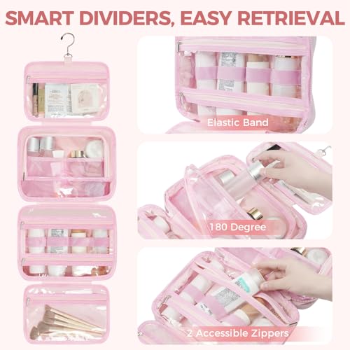 Pink Portable Hanging Toiletry Bag for Women with 4 Leakproof Compartments - L Size