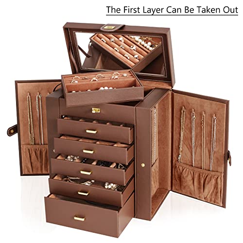 Large 6-Tier Jewelry Box Organizer with 5 Drawers & Mirror - Extra Large Brown