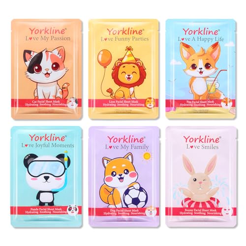 Animal Facial Mask Sheet Skincare for Adults and Children, Facial Mask Sheet for Present, Spa Party, Birthday Party, Holiday, Made with Cotton (6 Pieces)