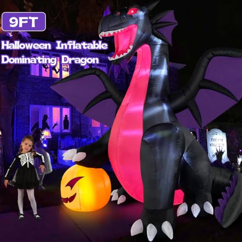 Purple 9FT Halloween Inflatable Dragon with Pumpkin LED Light - Outdoor Yard Decoration