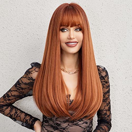 Auburn Long Straight Synthetic Wig with Bangs for Women - Heat-Resistant, Natural Look, 26 Inches