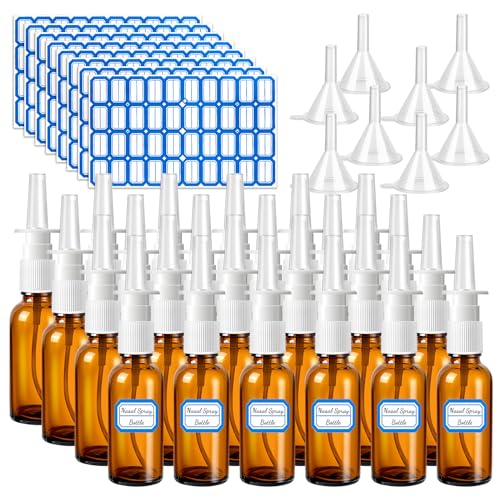 40 Pcs Nasal Spray Bottle Empty, Brown Glass Refillable Fine Mist Nasal Spray Bottles with 8 Funnels and 8 Labels (30ML/1oz)