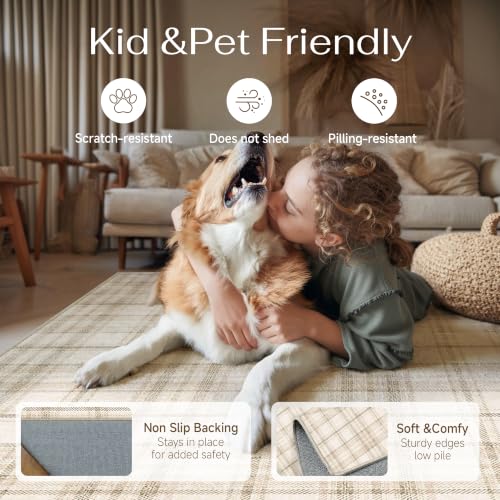 Beige 6' x 9' Checkered Living Room Area Rug - Non-Slip, Pet-Friendly