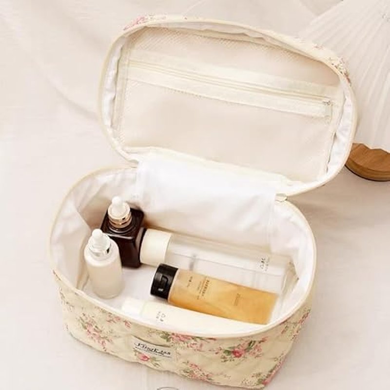 3 Pcs Cotton Quilted Makeup Bag, Large Aesthetic Cosmetic Bag Set Cute Flower Travel Toiletry Bag Makeup Brushes Storage Bag Trendy Makeup Organizer Bag for Women Girls (Pink Flower Set)