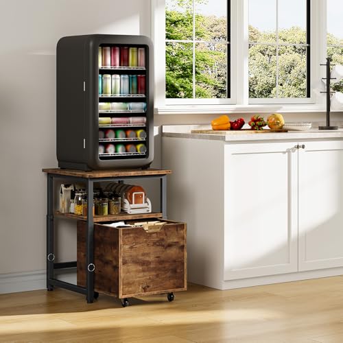 Adjustable Mini Fridge Stand with Storage and Pull-Out Drawer - Rustic Brown & Black