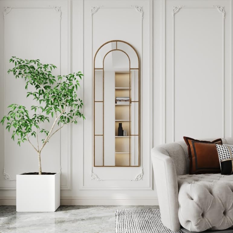Antique 58-Inch x 21-Inch Arched Window Pane Full Length Mirror - Vintage Wall Mounted Design