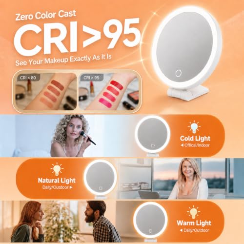Portable Lighted Makeup Mirror with 10X Magnification & 3 Color Lights