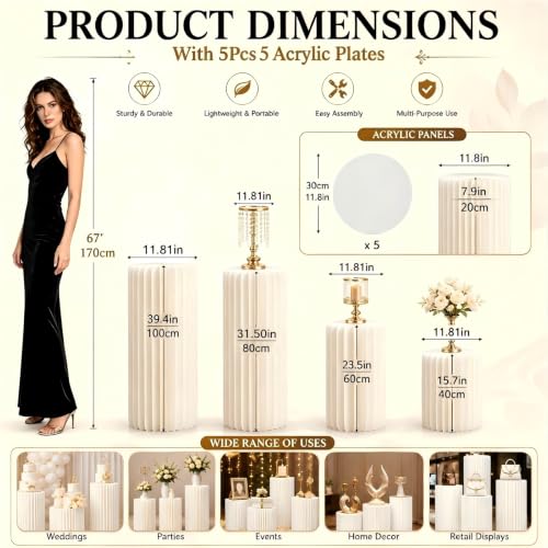 Foldable White Cylinder Pedestal Stands - 5 Pack for Party & Event Decor Variation of White / 5PCS