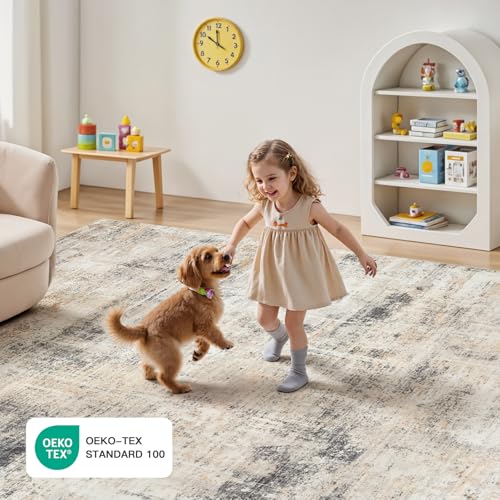 Grey & Gold 9x12 Area Rug - Abstract Washable Non-Slip Living Room Carpet