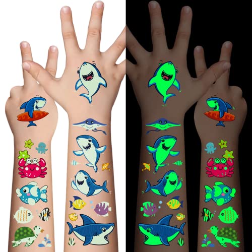 Luminous Temporary Tattoos for Kids - 130Pcs Marine Animal Glow Tattoos Stickers,Ocean Theme Glow In The Dark Tattoos for Boys and Girls,Face Makeup Fake Tattoo,Holiday Party Favors Gifts for child