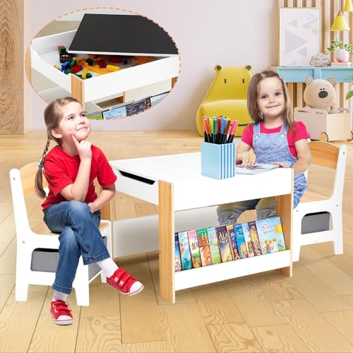 Kids Table and Chair Set - 4-in-1 Toddler Desk with Storage, White, 24.49 x 24.49 x 18.9 inches
