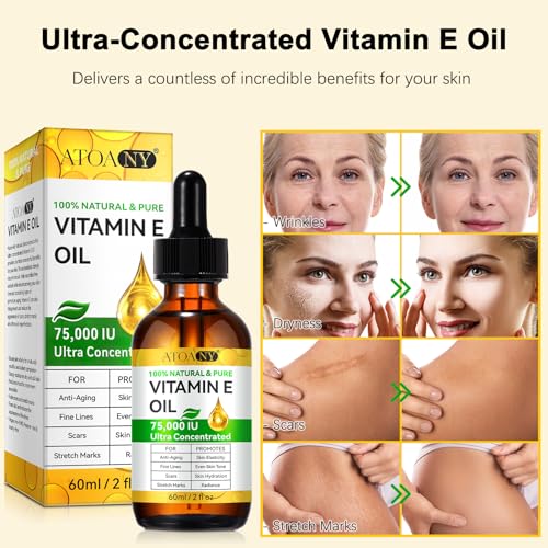Vitamin E Oil 75,000 IU 2 Pack - 100% Pure Vitamin E Oil for Skin, Face, Hair, Body - Natural Antioxidant for Dryness, Wrinkles, Scars & Stretch Marks, Deep Hydration for Soft, Glowing Skin