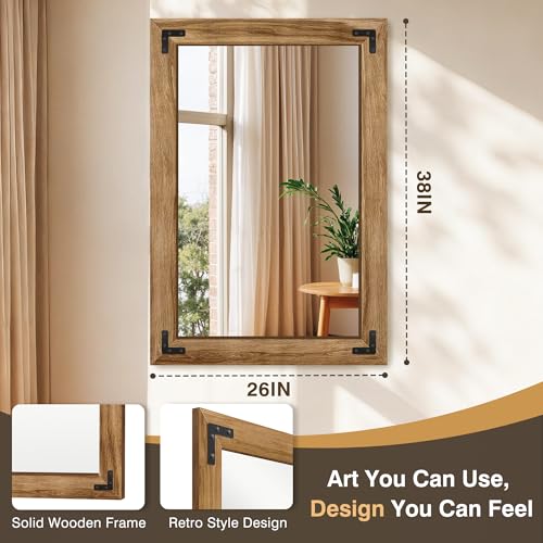 26x38 Inch Rustic Wooden Wall Mirror - Distressed Frame for Bathroom & Bedroom