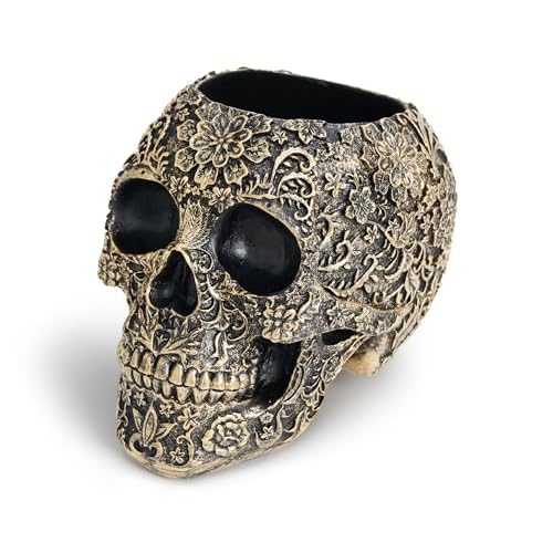 Skull Bowl Decorative Skull Vase Makeup Brush Pen Holder Organizer Dresser Gothic Table Organizer Decoration, Antique Gold Skull Pot Enthusiasts Gifts