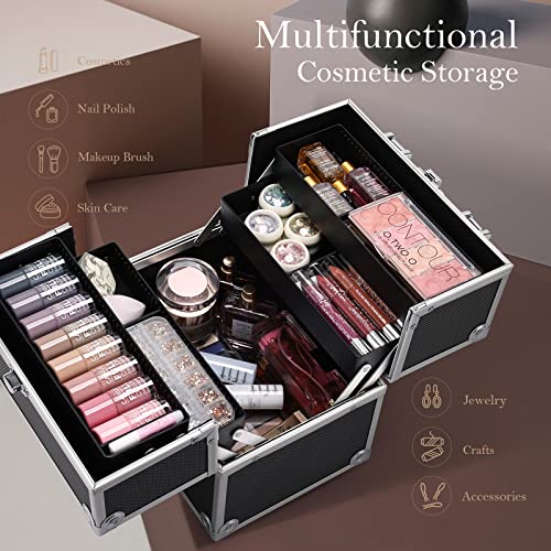 FRENESSA Black Makeup Train Case with 4 Trays Lockable Portable Cosmetic Organizer