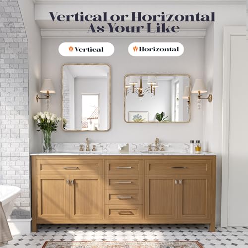 Gold 24x30 Beaded Frame Bathroom Mirror - Vintage Brass Vanity with Tempered Glass - Variation: 30L x 24W