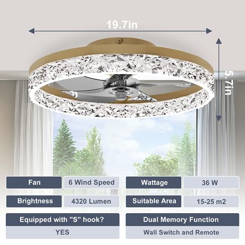 19.7 Inch Gold Ceiling Fan with Lights and Remote - Dimmable, Low Profile Flush Mount, Modern Ceiling Fan for Bedroom Living Room Kitchen