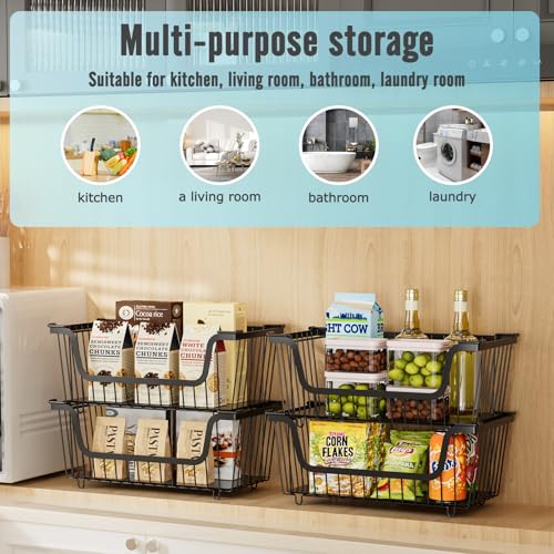 GAOKASE 6-Pack Stackable Wire Baskets for Pantry Storage - Black