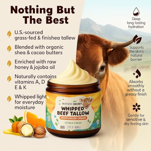 Mayan's Secret Beef Tallow Whipped Moisturizer ? Grass Fed with Jojoba, Shea & Cacao Butter, Raw Honey ? Hydrates Dry & Sensitive Skin ? USA Made, Citrus Fresh (2 Ounce (Pack of 2))