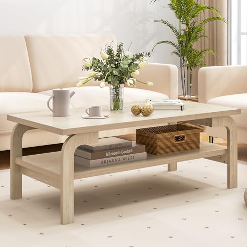GIANTEX Oak 2-Tier Coffee Table with Storage - Mid Century Modern Design