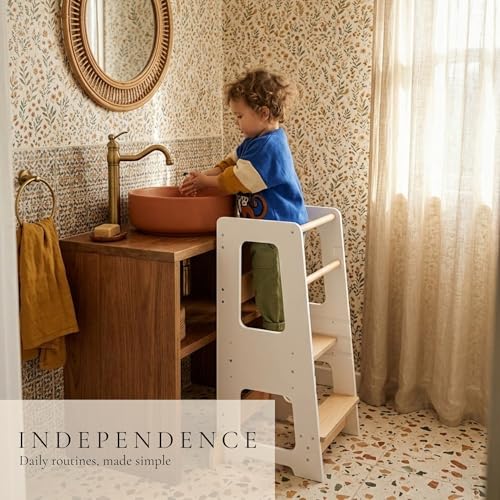 White Wooden Toddler Kitchen Helper Tower with 3 Adjustable Heights & Safety Rails