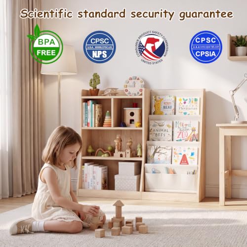 Kids Bookshelf with Front Book Rack and Open Storage - Solid Pine, Triangle Design