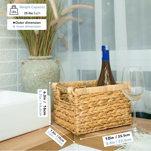 Water Hyacinth Small Wicker Storage Baskets - 3 Pack with Wooden Handles, 10 x 7.5 x 6.3 Inches