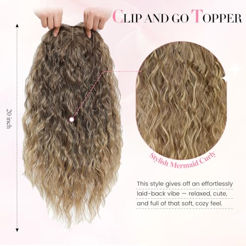 20 Inch Ash Brown to Blonde Ombre Curly Hair Topper - Clip-In Volume Extension