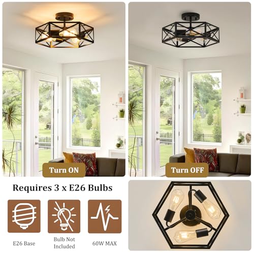 KUZIEG 14.6 Inch Modern Farmhouse Black Metal Semi Flush Mount Ceiling Light Fixture