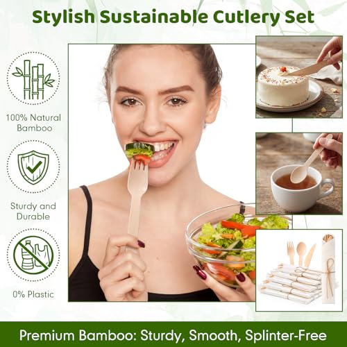 Nuenen White 150 Pack Bamboo Cutlery & Napkin Set - Eco-Friendly Disposable Utensils